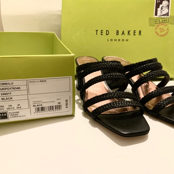 Ted Baker Emalia Gold Leather Slides Braided Straps Sandals Block Heel Mule Pump - Picture 3 of 9